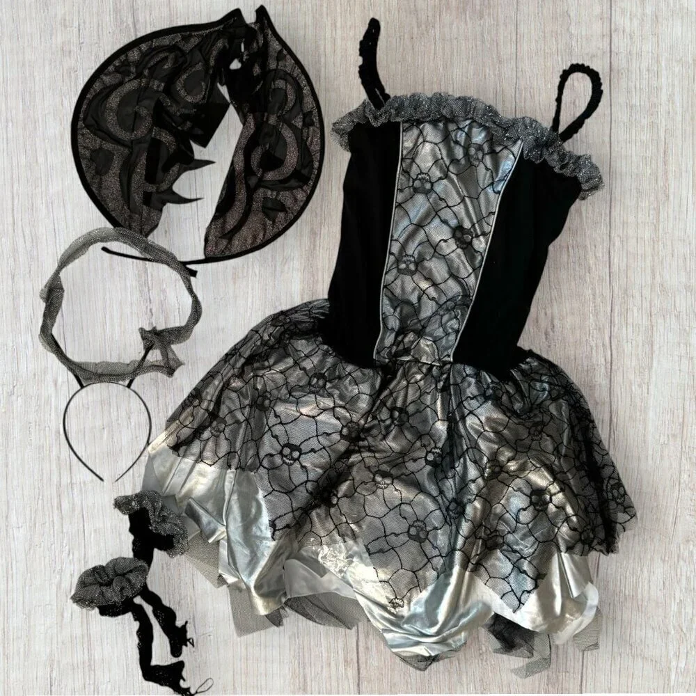 COSTUMES USA Black Silver Fallen Angel Dark Fairy Princess Wings Halo Dress XL